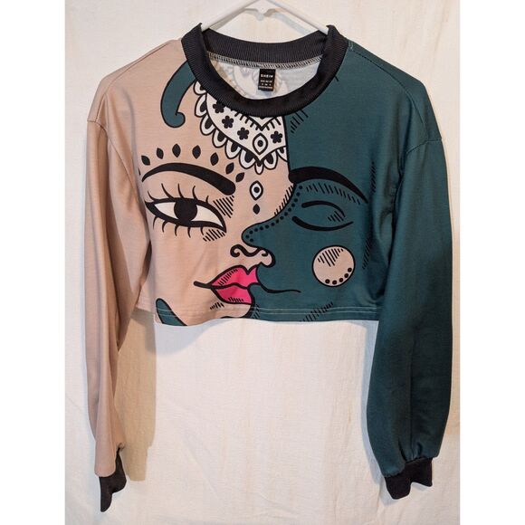 SHEIN Tops - SHEIN Pop Art Cropped Sweatshirt Size S Graphic Face Print Long Sleeve